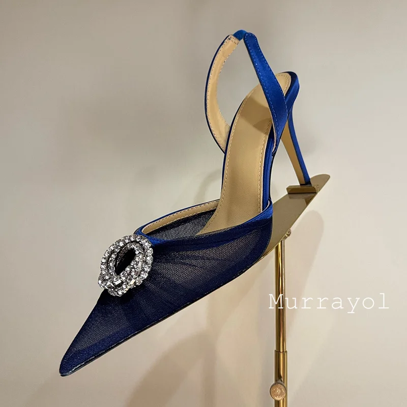 الدانتيل شبكة أشار تو مغلقة اصبع القدم الصنادل النساء حجر الراين ديكور مثير رقيقة عالية الكعب Sandalias الصيف فستان الحفلات الأحذية