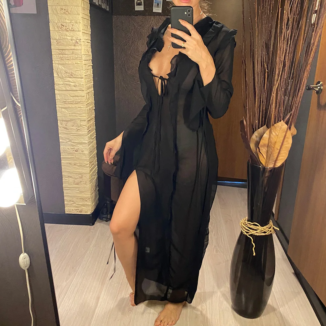 Langes Kleid mit tiefem V-Ausschnitt und hohem Schlitz, Rüschen, Strand-Cover-Up, Bikini-Cover-Up, Strandkleid, Strandmode, Damen V4440 – Detail 10