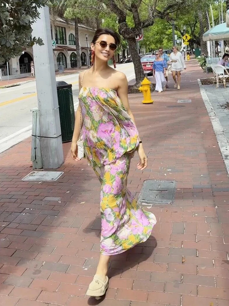 Retro Floral One oulder Dr Women's Island Vaion Beach Skirt Slimming Long Dr Svel High Waist Poly Fiber