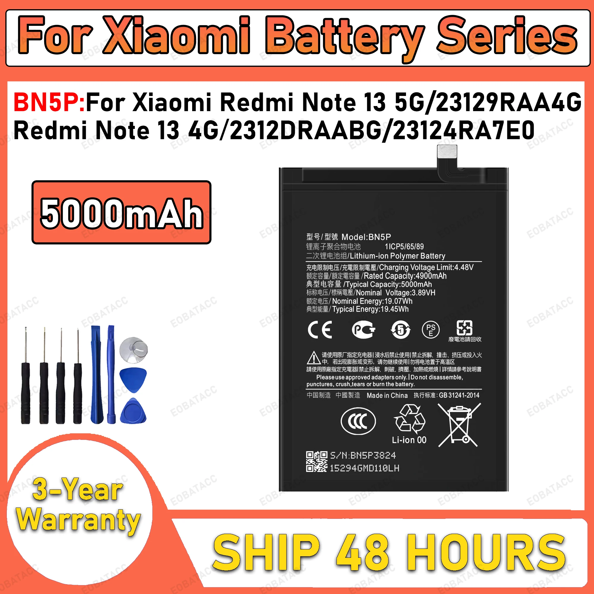 

5000mAh 100% New BN5P Battery For Xiaomi Redmi Note 13 5G/23129RAA4G Replacement Bateria+Free Tools