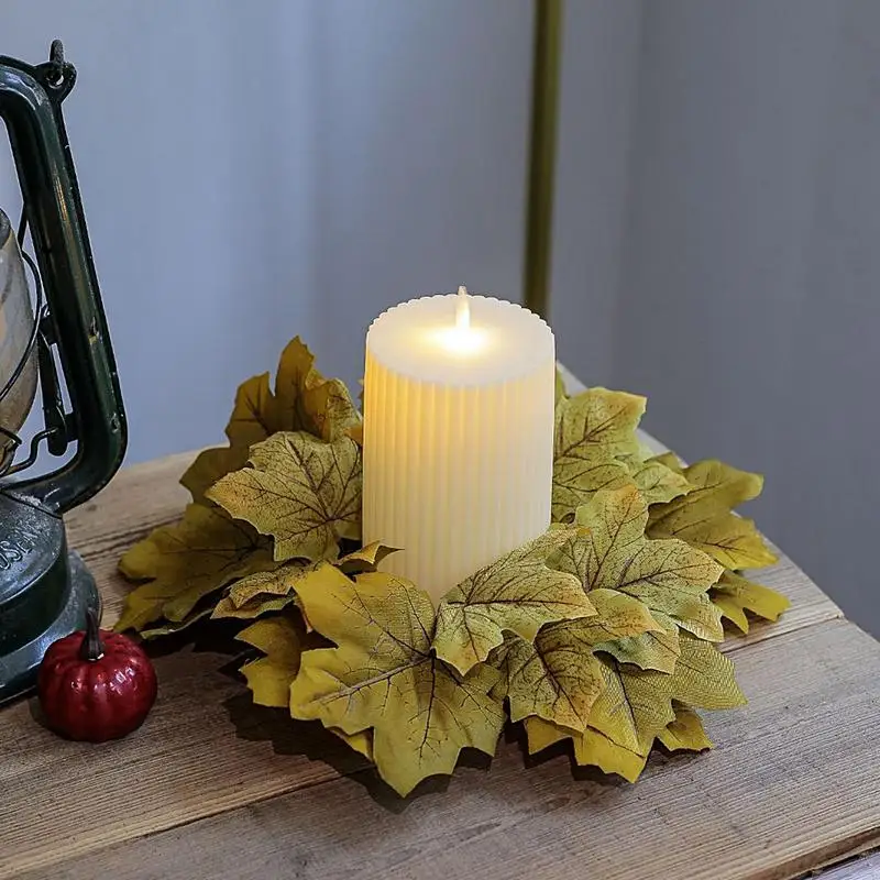 Fall Maple Leaf Candlestick Wreath Thanksgiving Decoration Artificial Candle Ring Garland Party Table Centerpiece Decoration