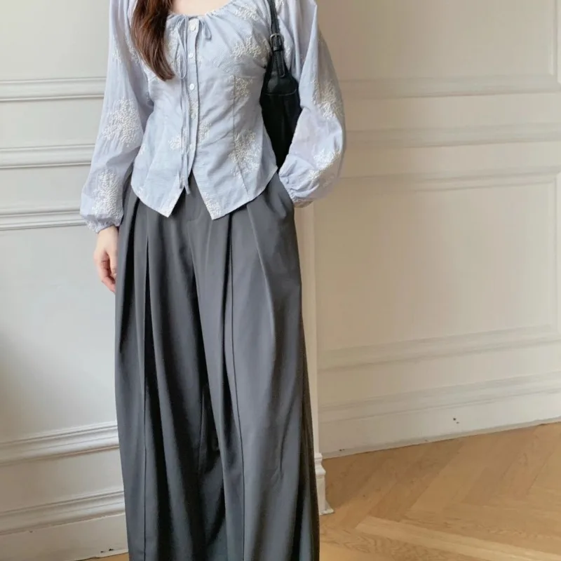 

Women Clothes Spring Autumn Slim Simplicity Fashionable Embroidered Button O-neck Long Sleeve Women Shirts Appear Thin Top Tee