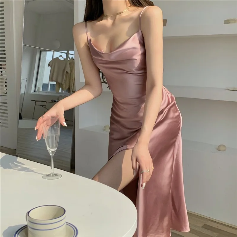 10 colori moda sexy streetwear colletto oscillante pieghettato vita alta diviso abito in raso di acetato abito da festa in raso club Spaghetti