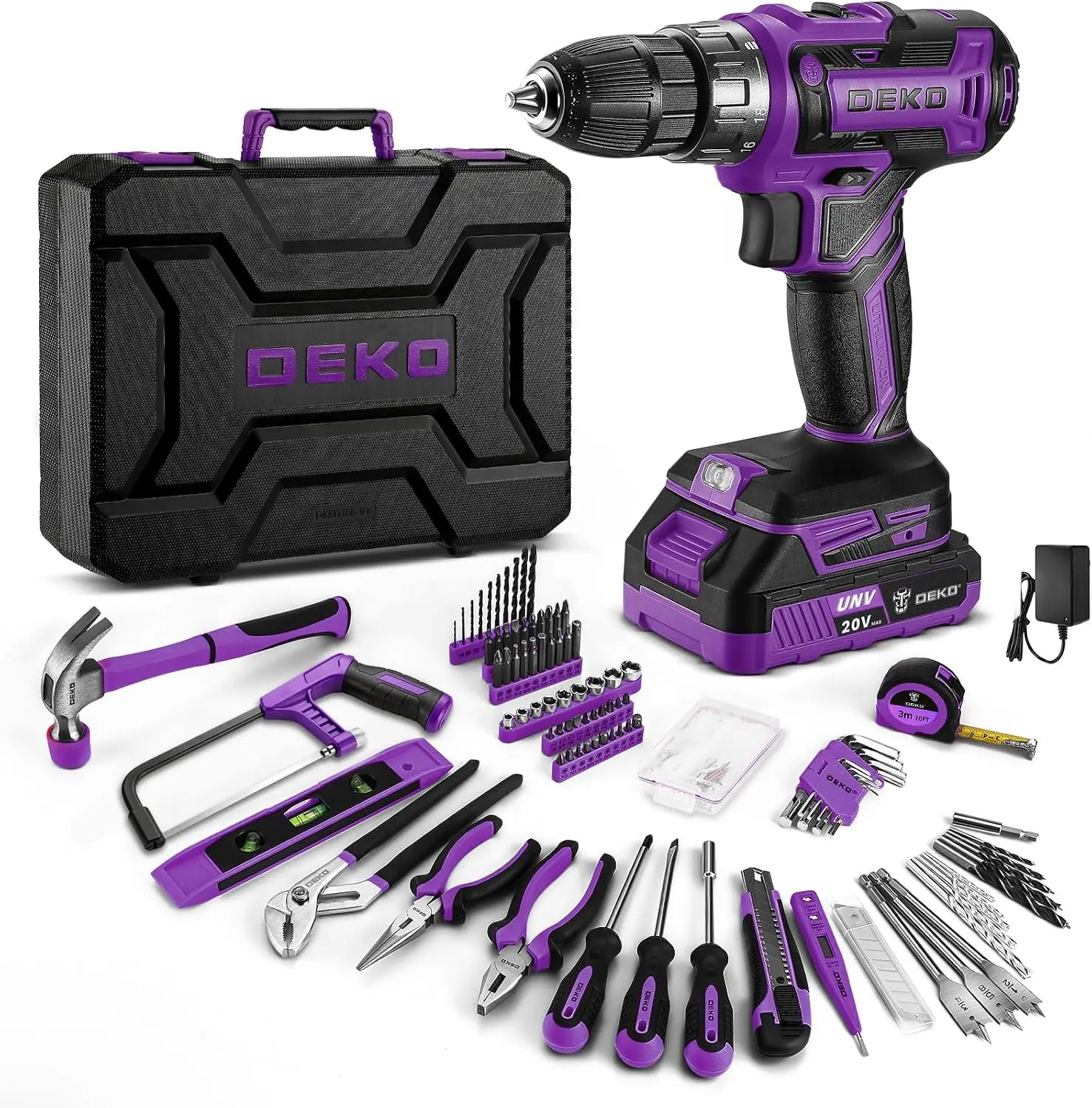 20V Cordless Drill Toolbox Kit with Battery, Purple - Electric Drill Driver for Home Repair DIY