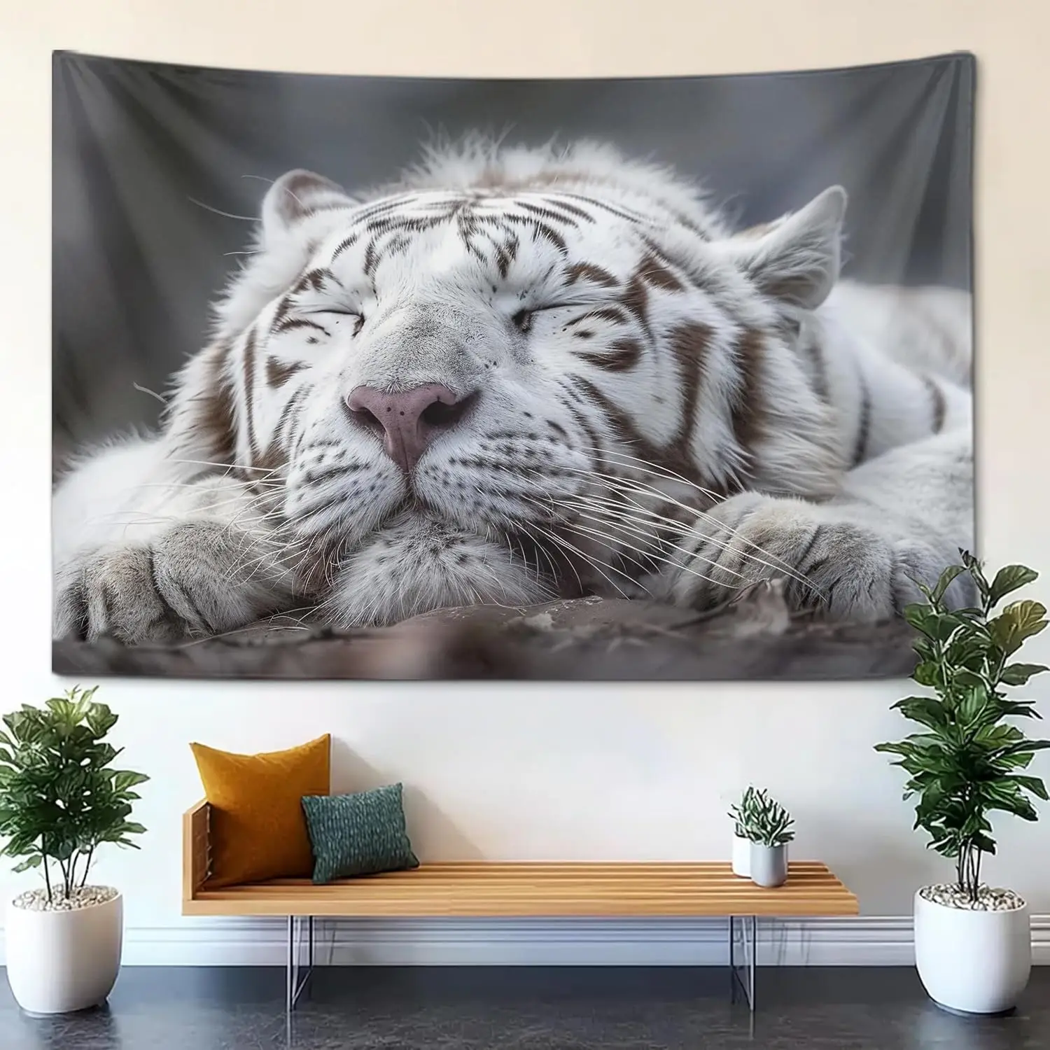 Wall Tapestry Wall Art White Tiger Cute Animal Sleep Aesthetic Tapestry Bedroom Living Room Decor for Men And Woman Tapestries