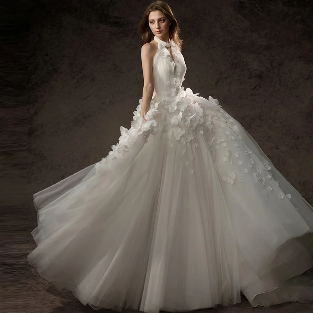 Elegant Backless A-Line Wedding Dress Fashion Halter Sleeveless Customized Bridal Gowns Temperament Tulle with Handmade Flowers