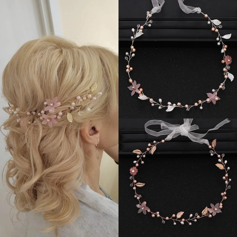 Accesorios para el cabello para boda, diadema de perlas para novia, banda para la cabeza dorada, flor nupcial, joyería para el cabello, diadema de princesa, regalo hecho a mano para fiesta