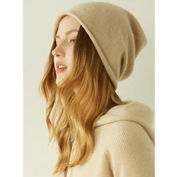 Hat Women's Adjustable Solid Color 100% Pure Cashmere Simple Knitting Autumn and Winter New Thickened Warm Back Wool Accessories