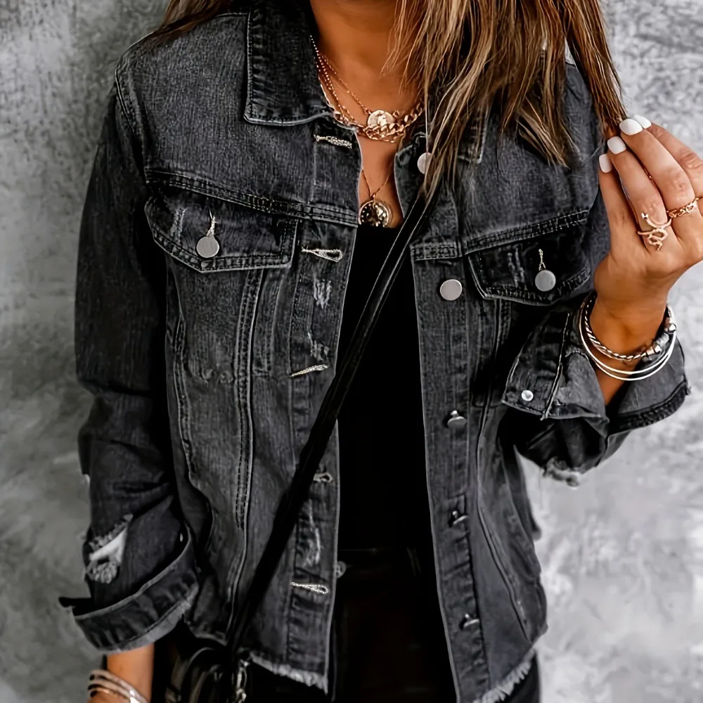 2024 Winter New Women's Black Ripped Denim Jacket Fashion Long Sleeve Slim Raw Edge Jeans Coat Casual Women's Clothing XS-L