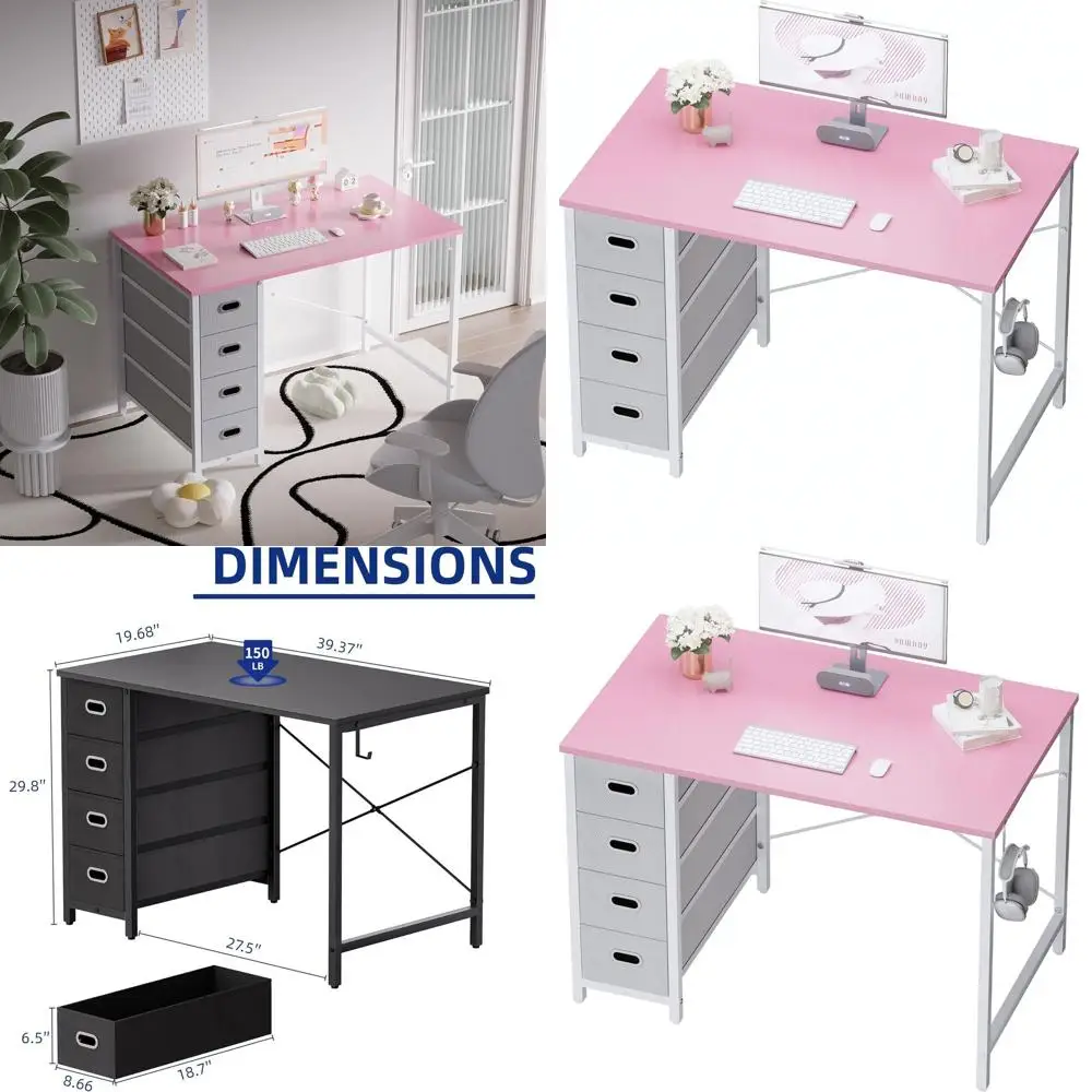 Pink 40 Modern Home Office Desk with 4 Drawers for Study, Writing, and Computer Use