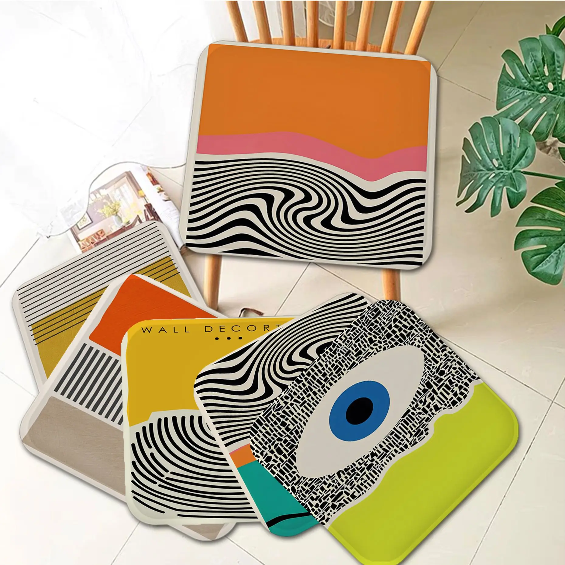 

Mid Century Modern Abstract Color Blocks Line Seat Pad Household Cushion Soft Plush Chair Mat Winter Office Bar Seat Mat