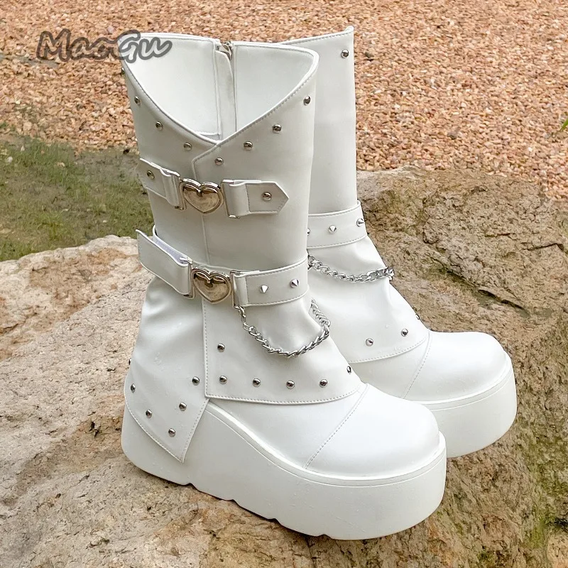 Street Style Women's Platforms Mid-Calf Boots Height Increased Rivet Round Toe Studded Ladies Fashion Shoes Autumn Botas Mujer