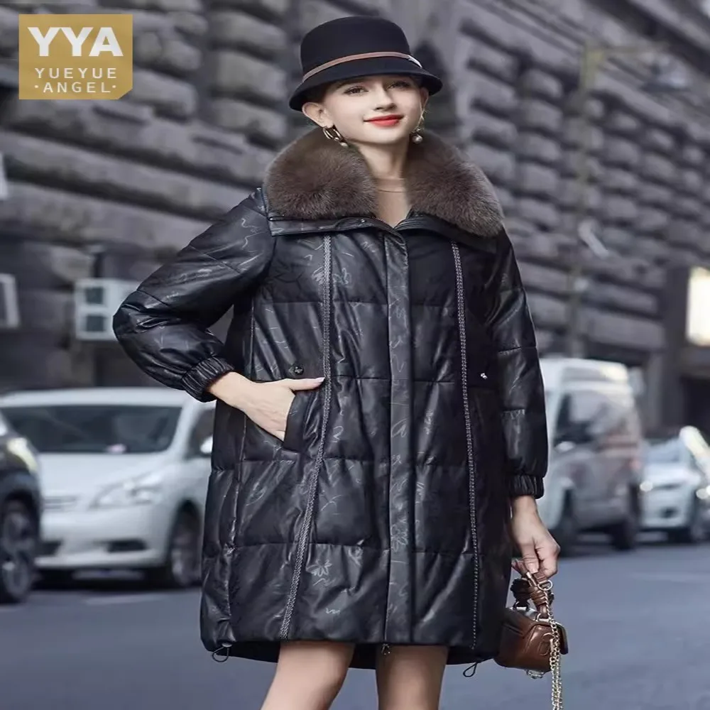 

Genuine Women Leather Down Jacket New Winter Overcoat Loose Fit Fashion Fox Fur Collar Office Ladies Casual Sheepskin Long Coat