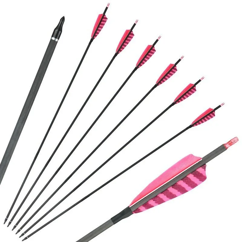 400 deflection replaceable arrows traditional reverse bow general arrow bow accessories striped real feather pure carbon 12PCS - Image 3
