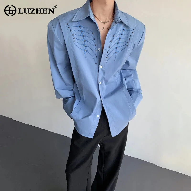 LUZHEN Handsome Embroidery Rivet Metal Patchwork Design Long Sleeve Shirts Men's Fashion 2025 New Shoulder Pad Male Tops JY1437