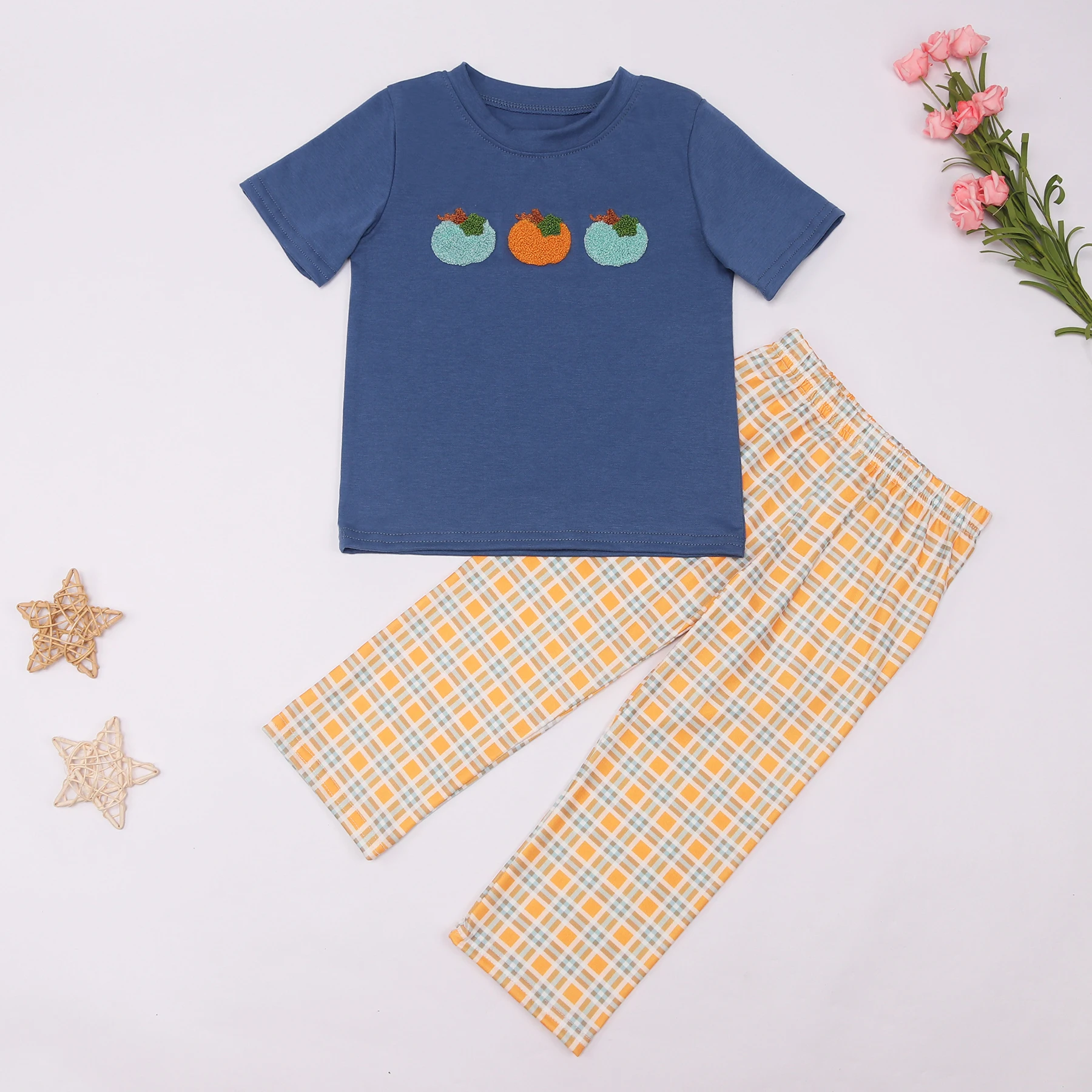 Exquisite Summer Sleeveless Round Neck Pumpkin French Knot Girl Sets And Romper Boy Blue Top Set Orange Lattice Clothes Pants