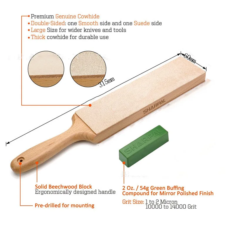 315mm Nouveau Couteau Aiguiseur Polissage En Cuir Double-face Aiguiser Strop Composé Manche En Bois