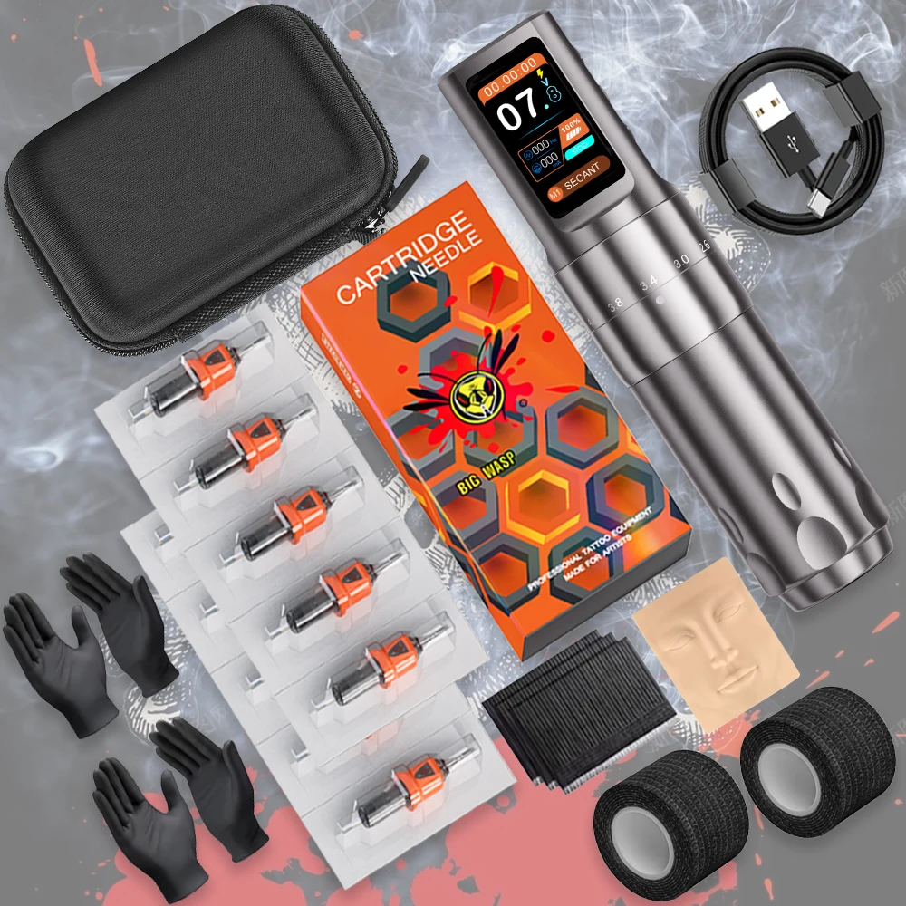 

BIGWASP Wireless Tattoo Machine Kit Coreless Motor 7 Stroke Adjustable With 10pcs Mixed Tattoo Needles For Tattoo Artist Supply