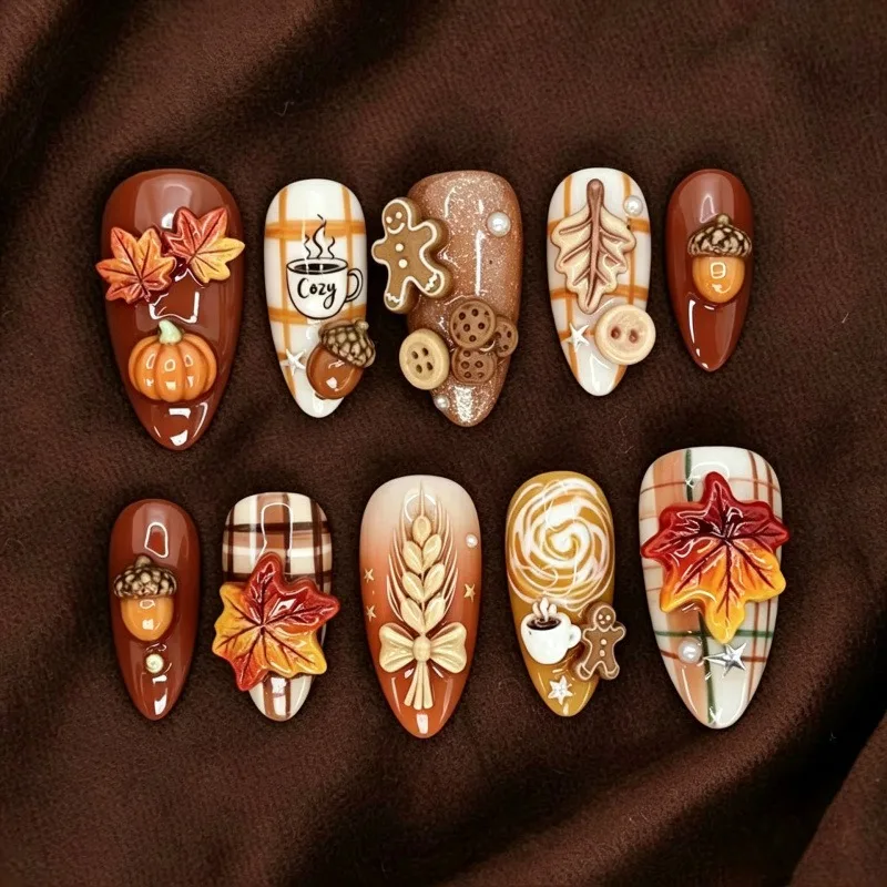 24PCS Fall Brown Almond Press on Nails 3D Pumpkin Maple Leaf Cute Gingerbread Man Acorn Plaid False Nails Autumn Fake Nails Tips