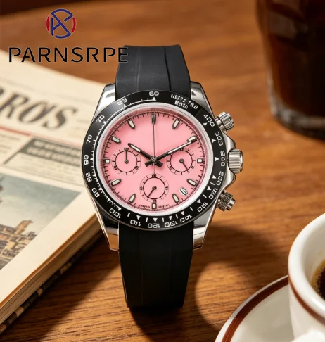 Hot Sale 40mm Pink VK63 Chronograph Men's Watch, Sapphire Crystal Solid Caseback Rubber Strap Waterproof Quartz