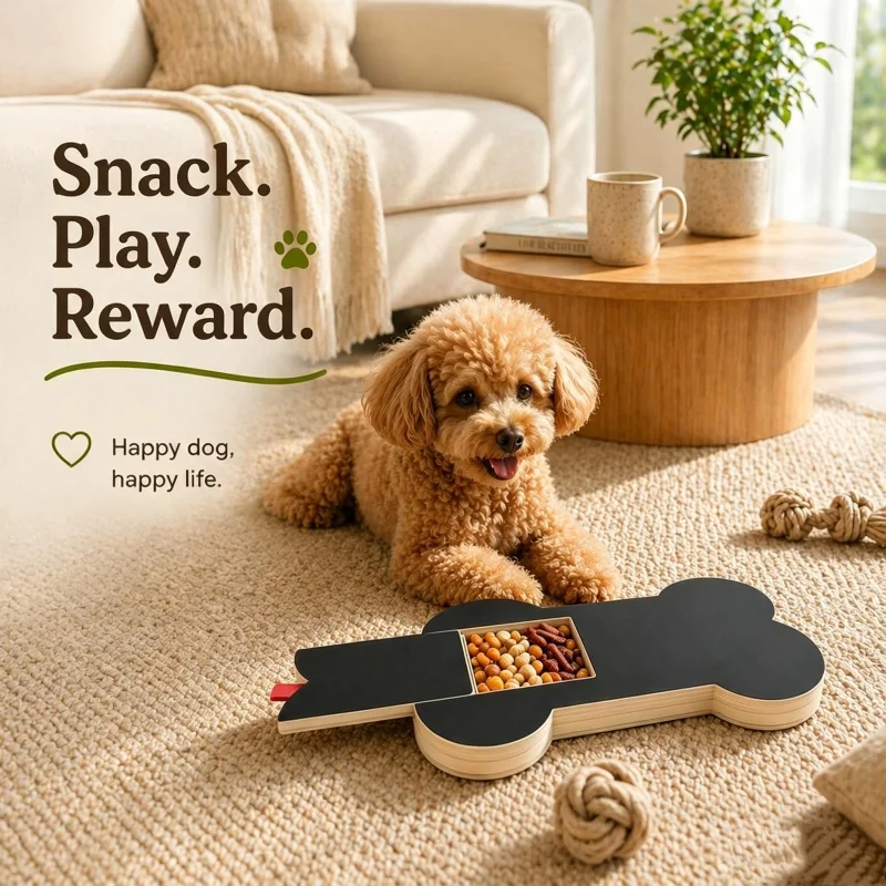 Wooden Pet Scratching Board for Dogs with Built-in Treat Box Nail Trim Pad Pull-Out Design Sandpaper Surface Scratch Toy