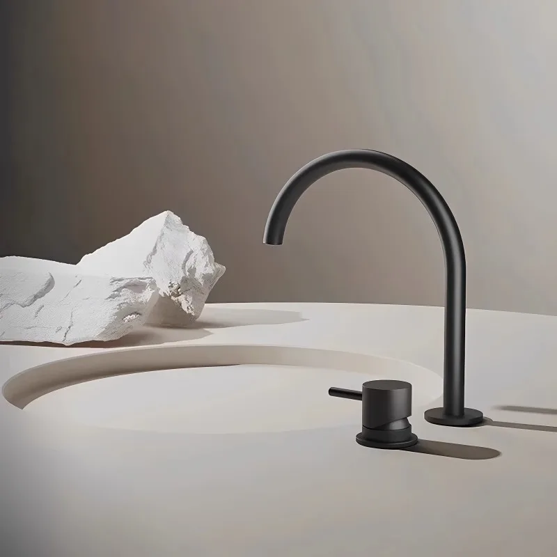 صنبور حوض، حوض غسيل بفتحة مزدوجة من النوع المنفصل، حوض، خزانة حمام، صنبور بفتحة مزدوجة مصقول بسيط