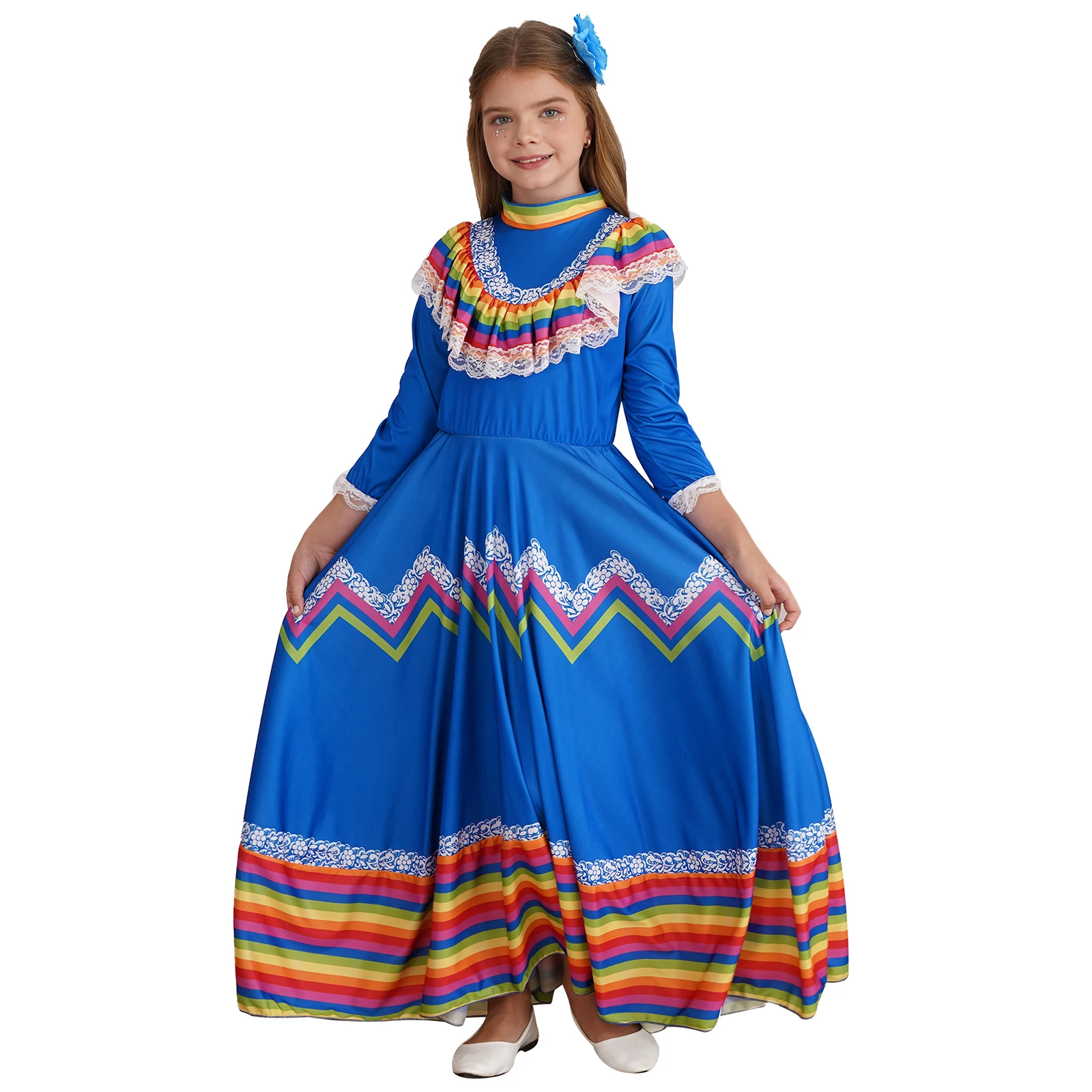 Girls Mexican Jalisco Traditional Festival Stage Performance Costume Dance Dress Lace Flounce Dress with Flower Hair Clip