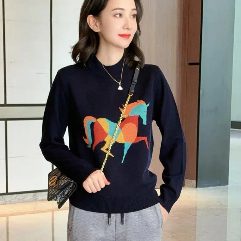 

Autumn Winter Fashion High End Jacquard Sweaters Women Clothing Vintage Chic Loose Pullovers Casual Soft Wool Knitted Jumper