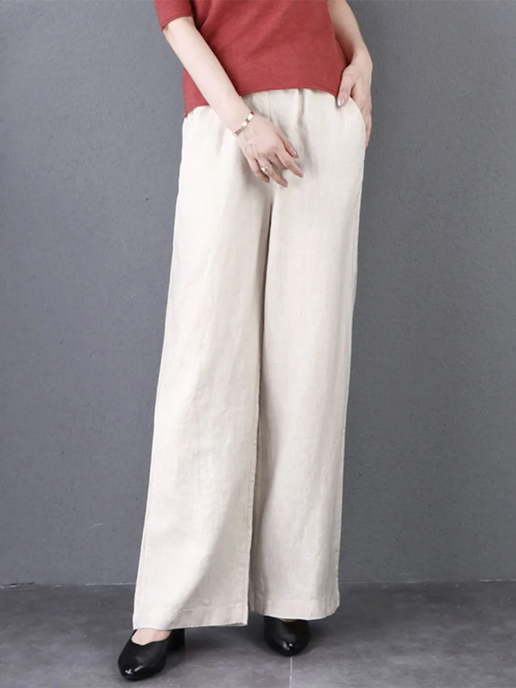 Solto algodão linho calças de perna larga feminina cintura alta em linha reta casual artístico cor pura outono inverno faion commute sle
