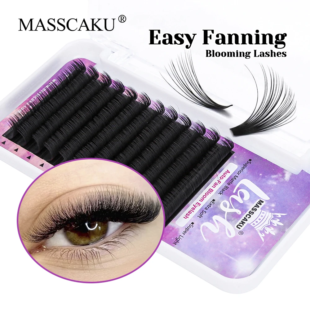 MASSCAKU Hot Selling Soft Long-lasting Easy Fanning Lash 8-17mm and Mix Size 3D Effect Wispy Fast Blooming Eyelash Easy to Graft