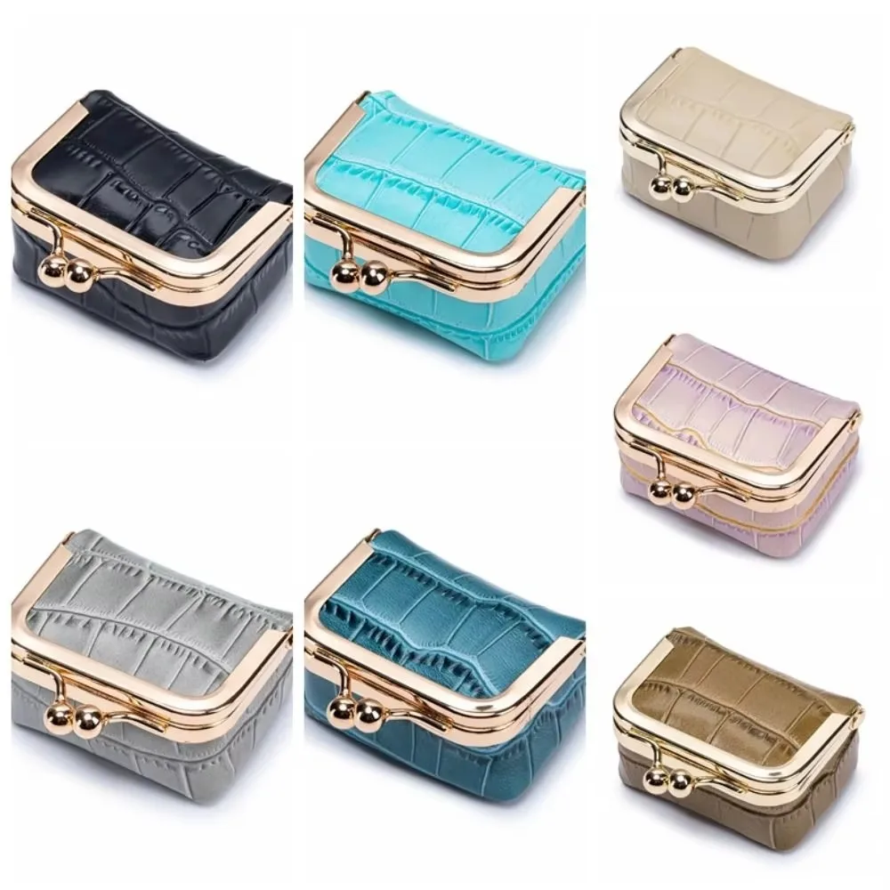 Crocodile Patterned Coin Purse Kiss Lock Solid Color Square Storage Bag Multifunctional Soft Leather Mini Item Purse Woman Girl
