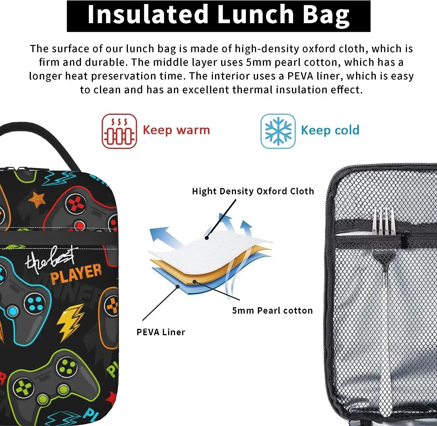 Video Game Controller Insulated Lunch Bag Reusable Lunch Box Portable Thermal Bento Tote for Adults Kids Work School Picnic