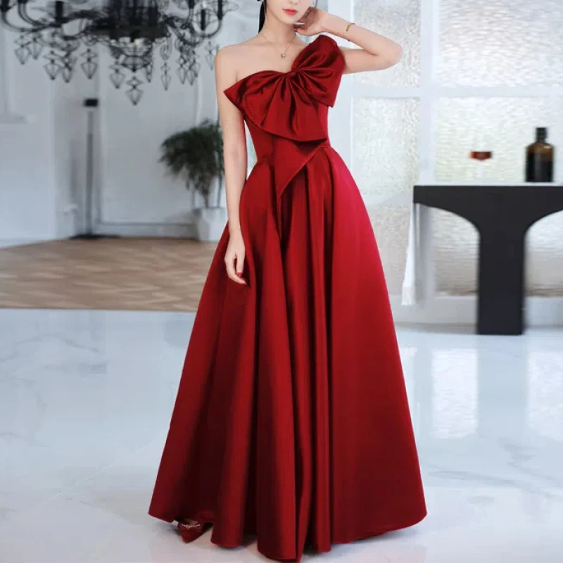 Reject Return J105 Sexy One Shoulder Party Bridesmaid Dress 2024 Sweet Memory Black Wine Red Satin Cocktail Dresses With Bow