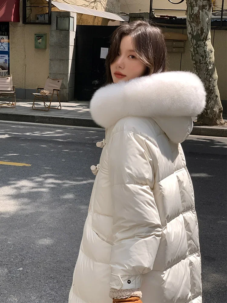 Korean Down Jacket Women 2023 New Fashionable Button White Duck Down Thickened Thin Winter Long Coat Basics Hooded Tops