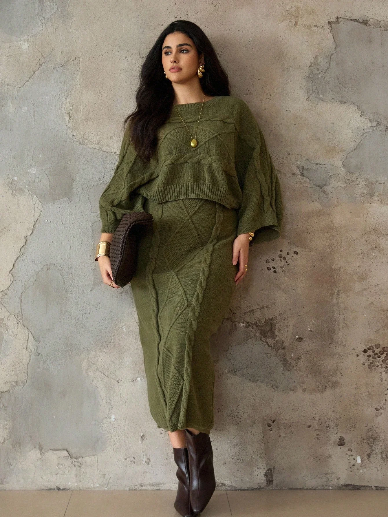 

Olive Green Knit Two Piece Set Casual Batwing Sweater And Bodycon Skirt