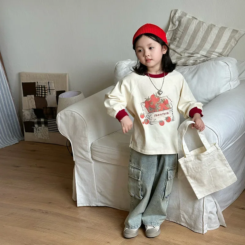 Girls Suit 2024 Autumn New Childrens Wear Korean Girl Baby Tomato Collocation Color Long Sleeve T Wash Pocket Jeans Two-piece