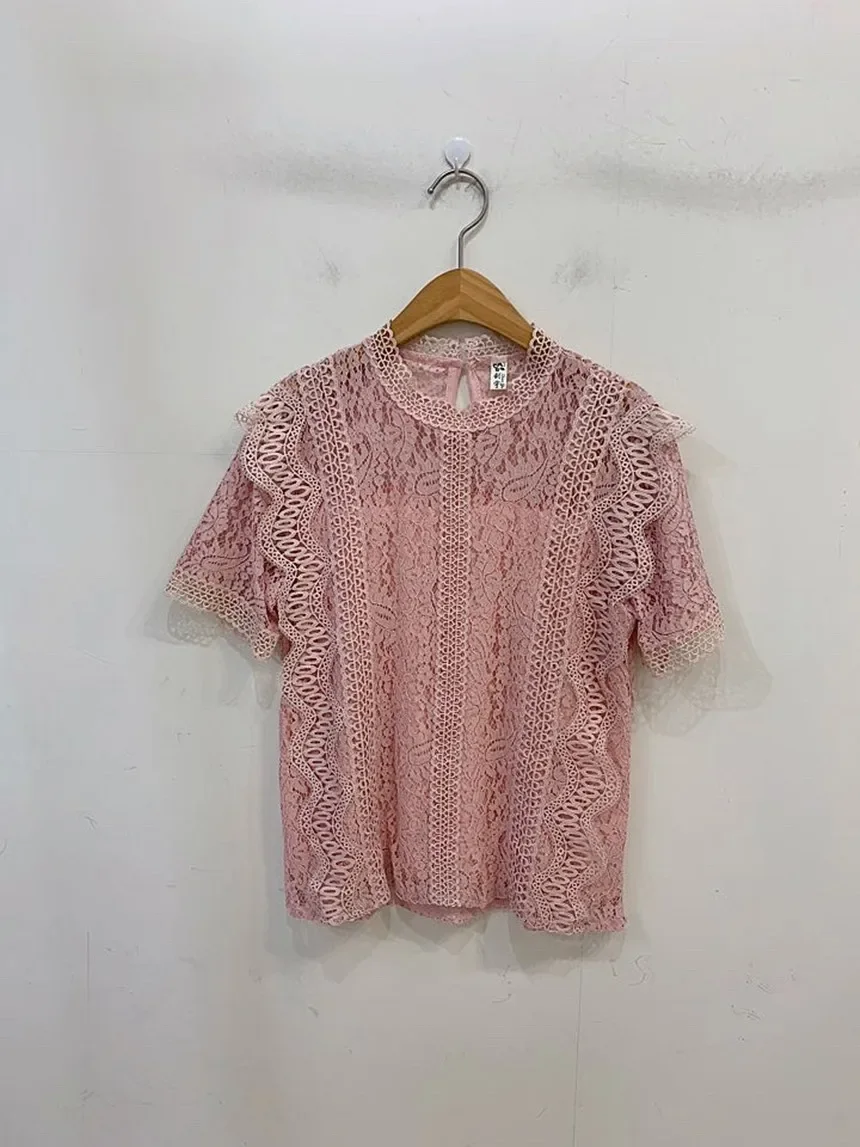 Korean Fashion Summer Chic Slim Fit Lace Blouse Women Short Sleeve Vintage Hollow Out Ladies Cute Elegant Shirt Cheap Wholesale