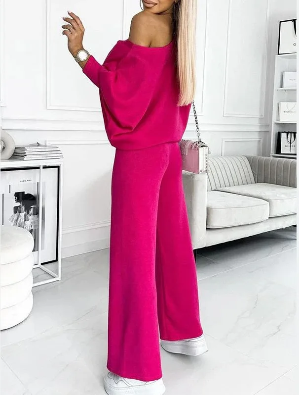 Новая женская футболка, комплект из 2 предметов, свободный модный спортивный костюм с круглым вырезом и рукавами «летучая мышь», удобный прямой женский брючный костюм с эластичной резинкой на талии