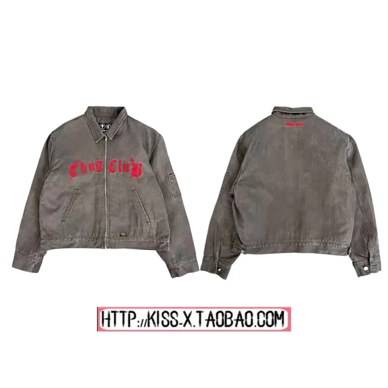 

2025 New THUG CLUB Collaborative Embroidered Letter Waed Detroit Jaet Coat Casual Sle ort Length Zipper Closure
