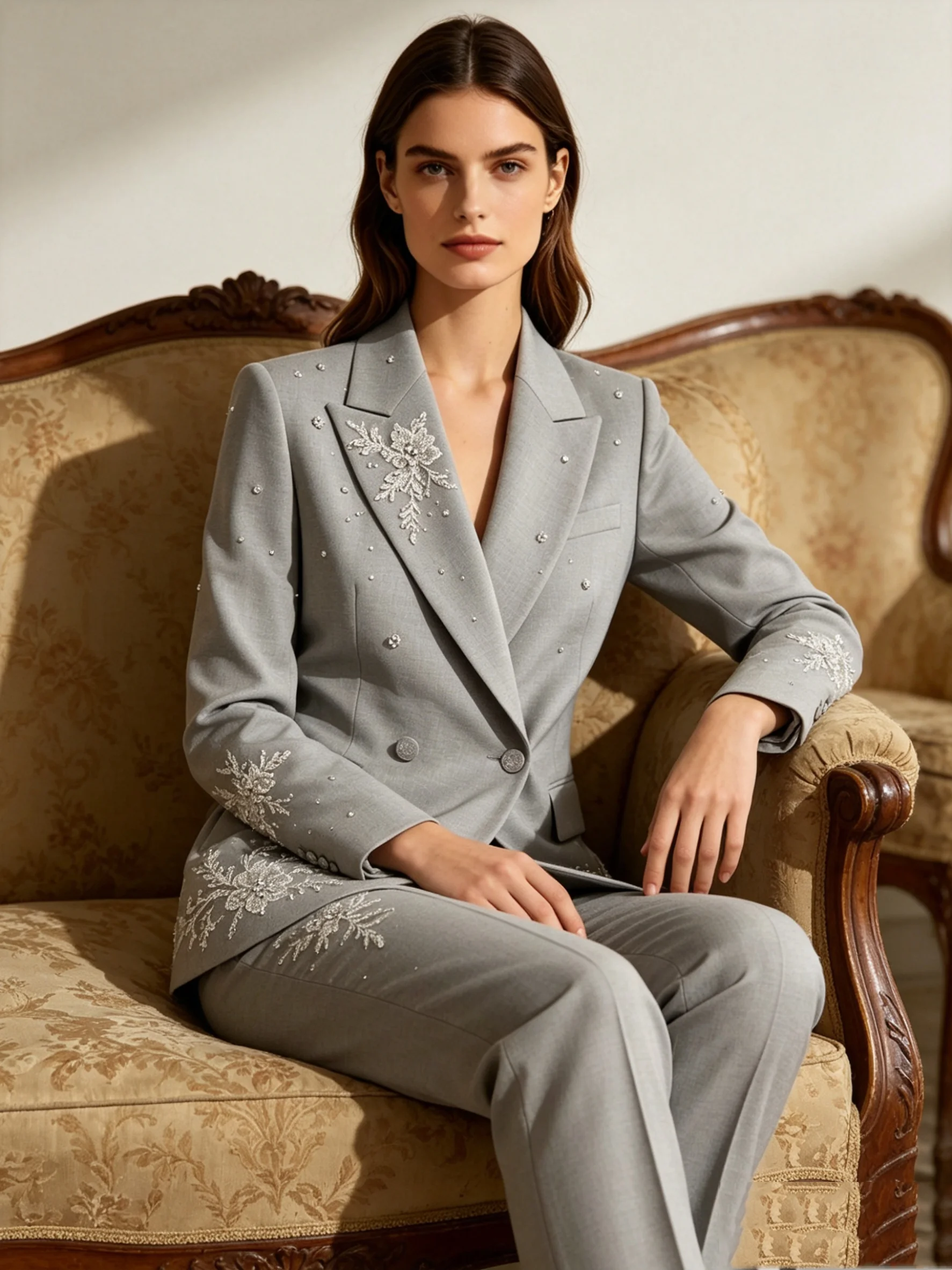 

Grey Women Suit Set 2 Pcs Blazer Pants Trousers Beaded Applique Cotton Formal Office Jacket Customized Wedding Tuxedo Guest Coat