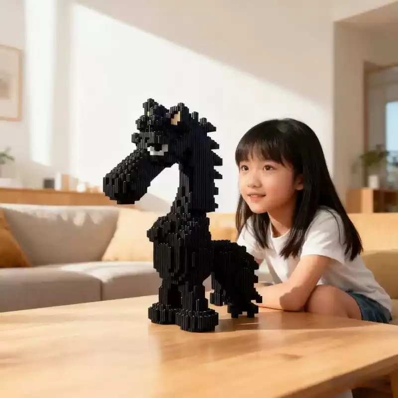 مكعبات بناء سنة الحصان ثلاثية الأبعاد لعبة ألغاز عالية الصعوبة، نموذج تجميع ذاتي الصنع تمثال حصان مصنوع يدويًا لديكور غرفة المعيشة