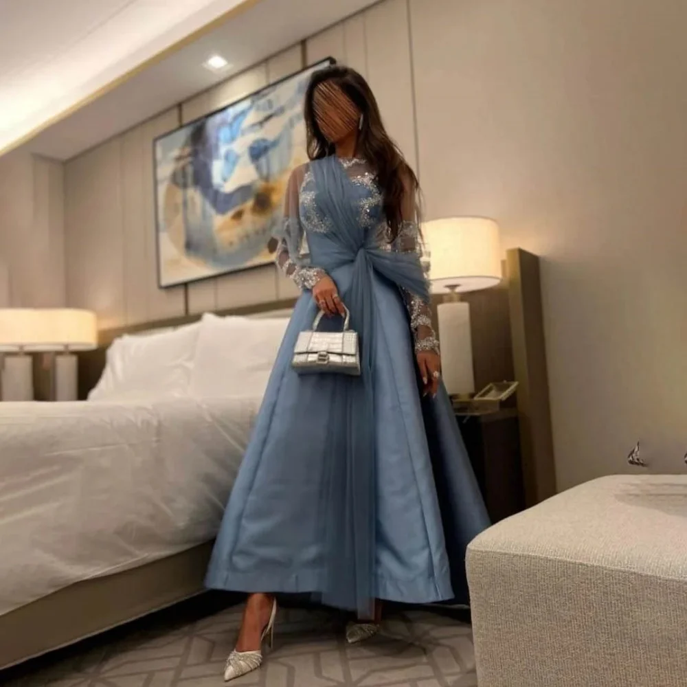 

Customized Exquisite O-neck Women Prom Dress Sexy Long Sleeve Charming A-line Floor Length Party Dress Beading Evening Gown