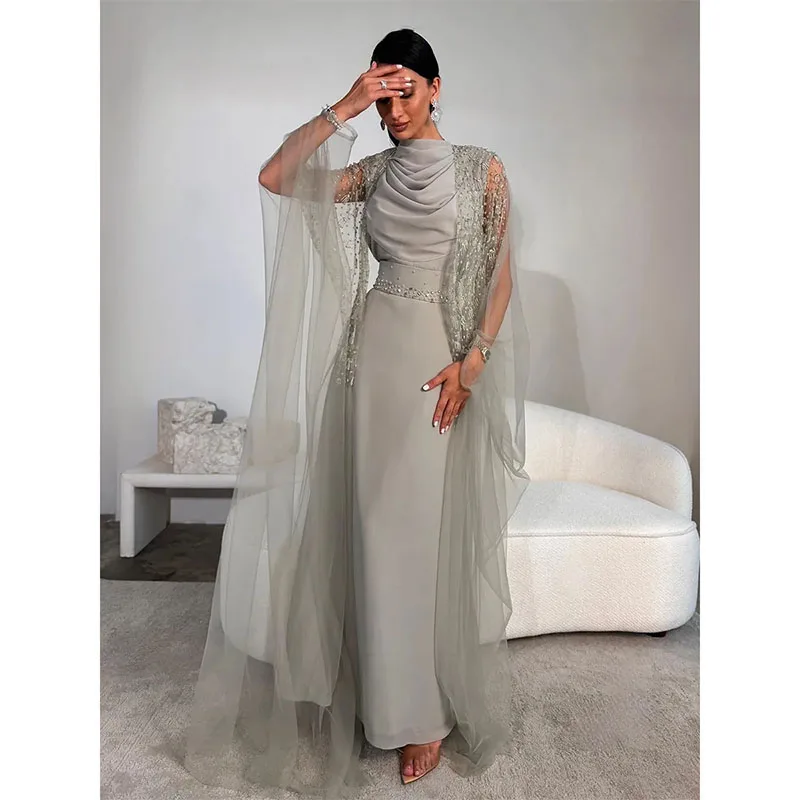 

Elegant Grey Womens Prom Dresses With Jacket Draped High Neck Bodycon Formal Dress Beaded Two Pieces Saudi Arab Evening Dress