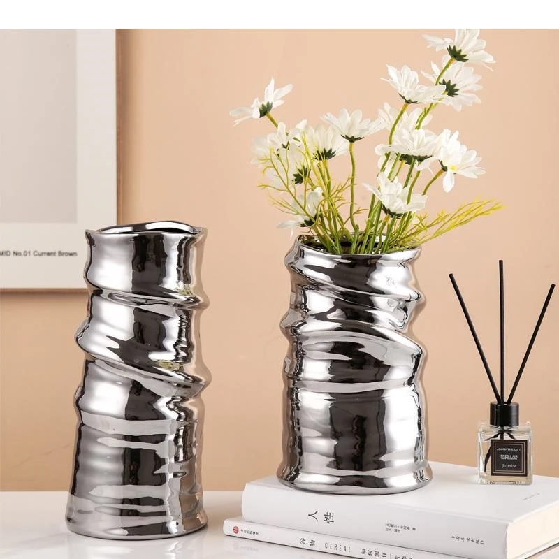 Gold/silver Plated Ceramic Vase Flower Pots Decorative Arrangement Spiral Floral Vases Modern Home Decoration