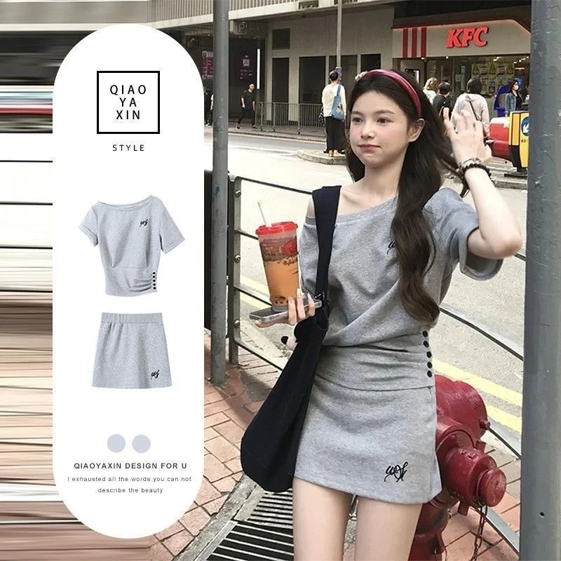 

Korean Lazy Style Casual Sports Set Women Summer Fashion Short Sleeve Short Skirt Small Size Two-Piece Set City Walk Dress