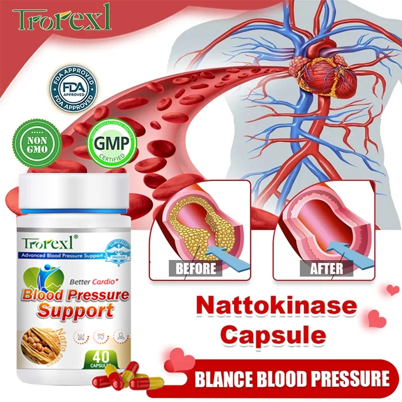 Blood Pressure Support Supplement for Cardiovascular, Heart Health, Hypotensive, Blood Lipids, Blood Vessel Cleaner, Natto Capsu