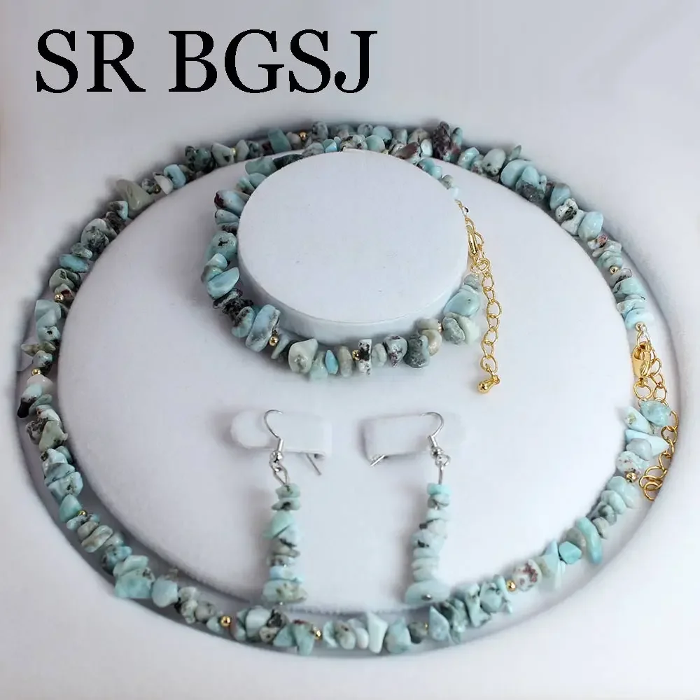 6-8mm Larimar Natural Gems Stone Women Lady Chockers Necklace Bracelet Earrings Jewelry Set 17.5