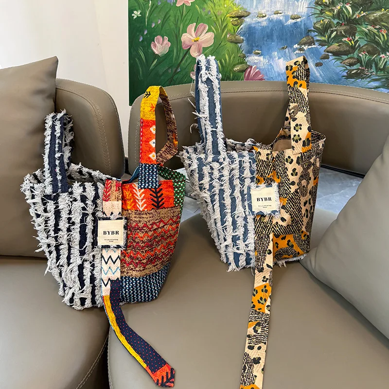 

2025 New Euro-American Retro Trend Bag - Women's Splicing Denim, Portable Fringed, Bohemian Fashion Simple Handbag