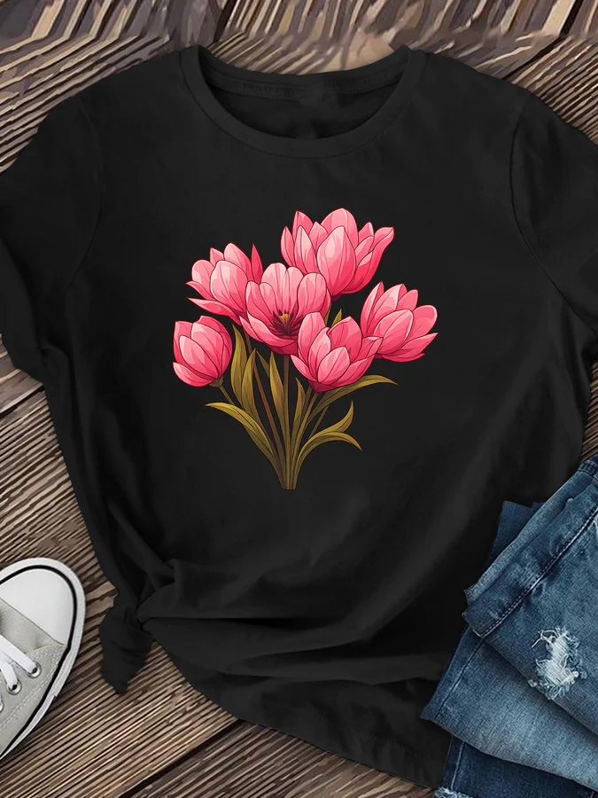 Pink Tulip Graphic Tees For Women Cottagecore Aesthetic T Shirt Flower Botanical Print Casual Short Sleeve Y2K Harajuku Top Female Clothes