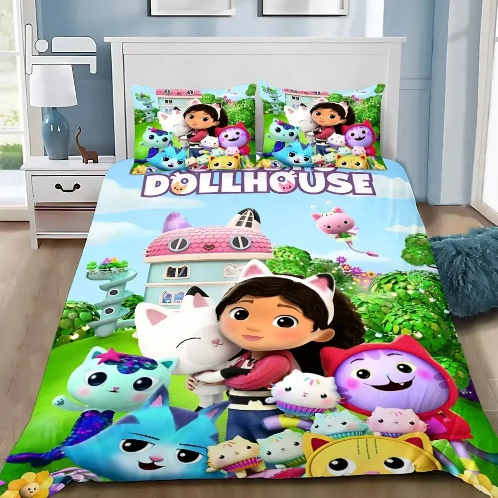 Cartoon Duvet Cover Pillowcase Bedding Set Gabbys Dollhouses Adult Boy Girl Bedroom Decoration Children Single Double Large Size